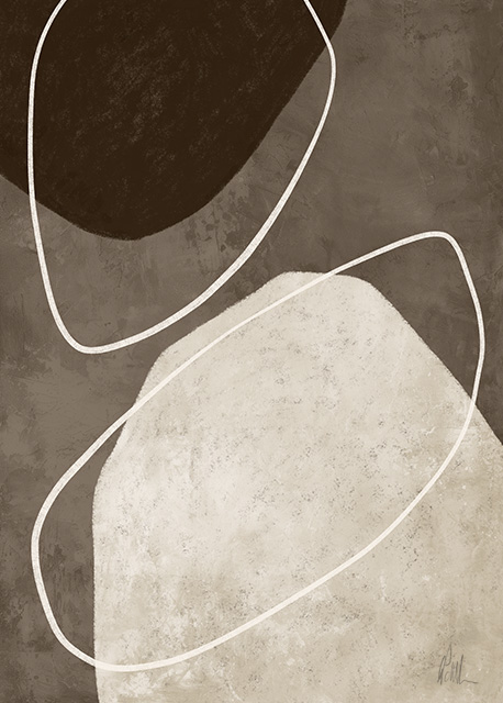Abstract art featuring two overlapped irregular shapes with white outlines on a textured grey background. The top shape is dark brown, and the bottom shape is a pale beige. The artwork has a minimalist and modern aesthetic.