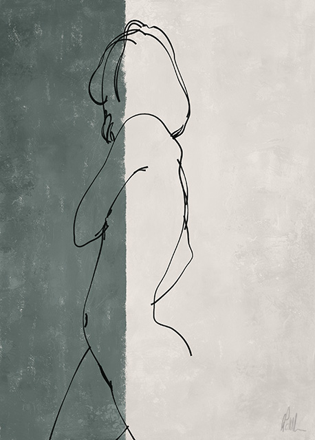 Abstract art featuring two overlapped irregular shapes with white outlines on a textured grey background. The top shape is dark brown, and the bottom shape is a pale beige. The artwork has a minimalist and modern aesthetic.