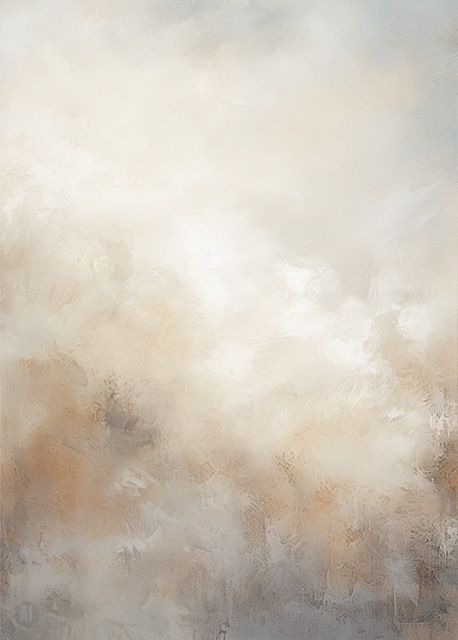 Abstract art featuring two overlapped irregular shapes with white outlines on a textured grey background. The top shape is dark brown, and the bottom shape is a pale beige. The artwork has a minimalist and modern aesthetic.