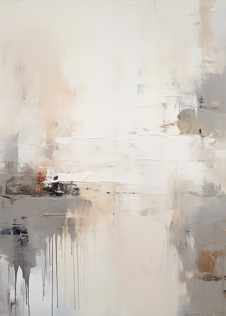 Abstract art featuring two overlapped irregular shapes with white outlines on a textured grey background. The top shape is dark brown, and the bottom shape is a pale beige. The artwork has a minimalist and modern aesthetic.