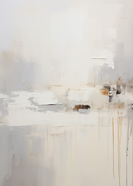 Abstract art featuring two overlapped irregular shapes with white outlines on a textured grey background. The top shape is dark brown, and the bottom shape is a pale beige. The artwork has a minimalist and modern aesthetic.