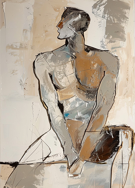 Abstract art featuring two overlapped irregular shapes with white outlines on a textured grey background. The top shape is dark brown, and the bottom shape is a pale beige. The artwork has a minimalist and modern aesthetic.