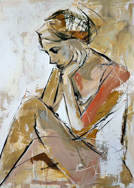 Abstract art featuring two overlapped irregular shapes with white outlines on a textured grey background. The top shape is dark brown, and the bottom shape is a pale beige. The artwork has a minimalist and modern aesthetic.