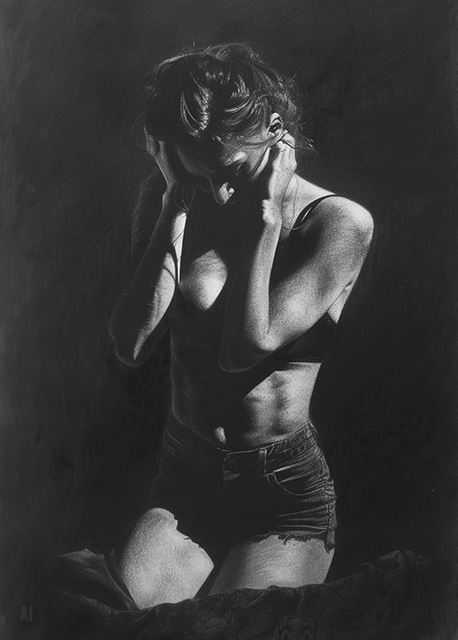 Abstract art featuring two overlapped irregular shapes with white outlines on a textured grey background. The top shape is dark brown, and the bottom shape is a pale beige. The artwork has a minimalist and modern aesthetic.